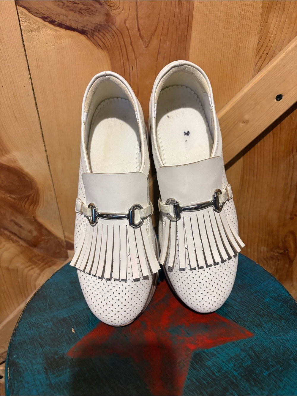 crown & ivy White Fringe Loafers with Silver Bit Accent